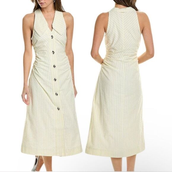 Ganni Dresses & Skirts - Ganni Seersucker Stripe Midi Dress Stripe Flan Size 14 Yellow